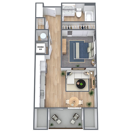 A 3D image of the A floorplan, a 568 squarefoot, 1 bed / 1 bath unit