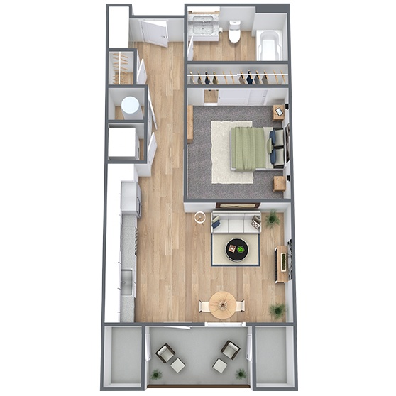A 3D image of the S floorplan, a 568 squarefoot, 0 bed / 1 bath unit
