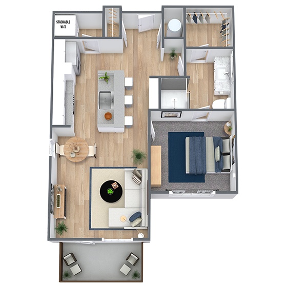 A 3D image of the A1 floorplan, a 720 squarefoot, 1 bed / 1 bath unit