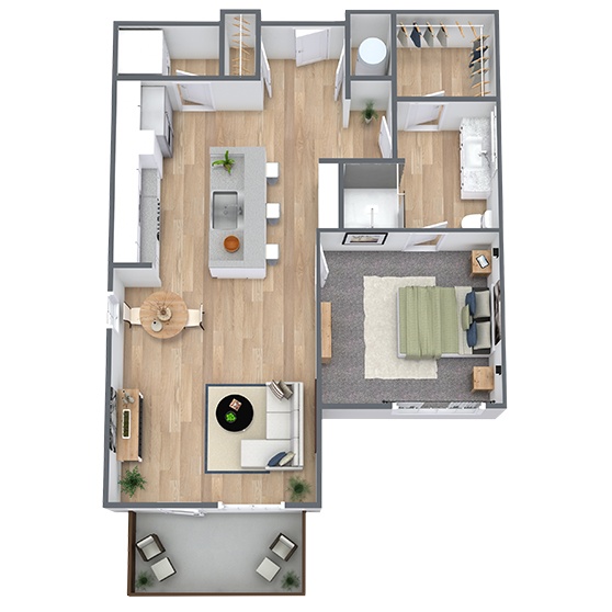 A 3D image of the A1 floorplan, a 720 squarefoot, 1 bed / 1 bath unit