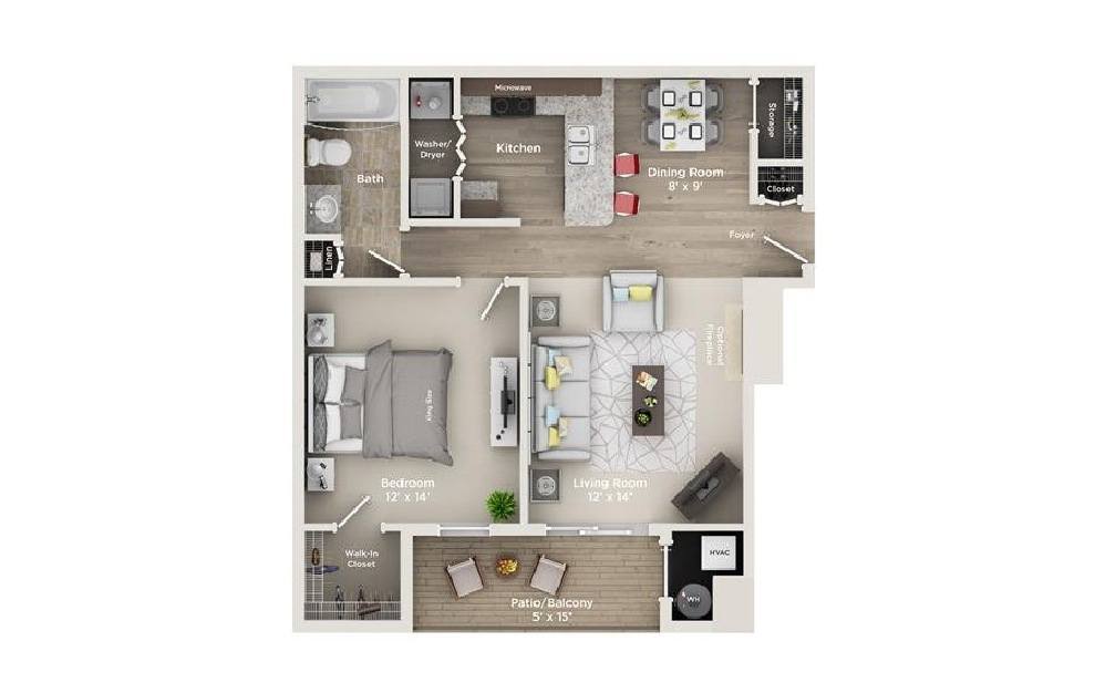 A 3D image of the A2 floorplan, a 712 squarefoot, 1 bed / 1 bath unit