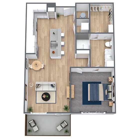 A 3D image of the A2 floorplan, a 712 squarefoot, 1 bed / 1 bath unit