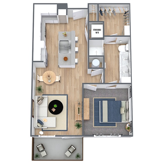 A 3D image of the A3 floorplan, a 760 squarefoot, 1 bed / 1 bath unit