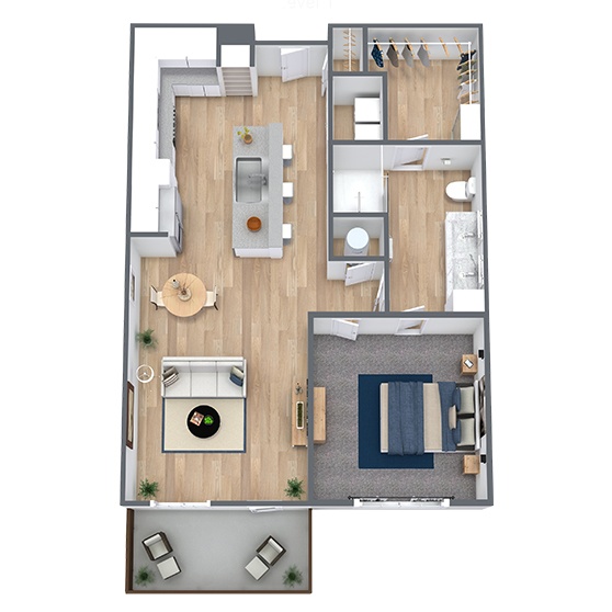 A 3D image of the A3 floorplan, a 760 squarefoot, 1 bed / 1 bath unit