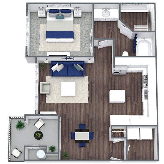 A 3D image of the A4 floorplan, a 809 squarefoot, 1 bed / 1 bath unit