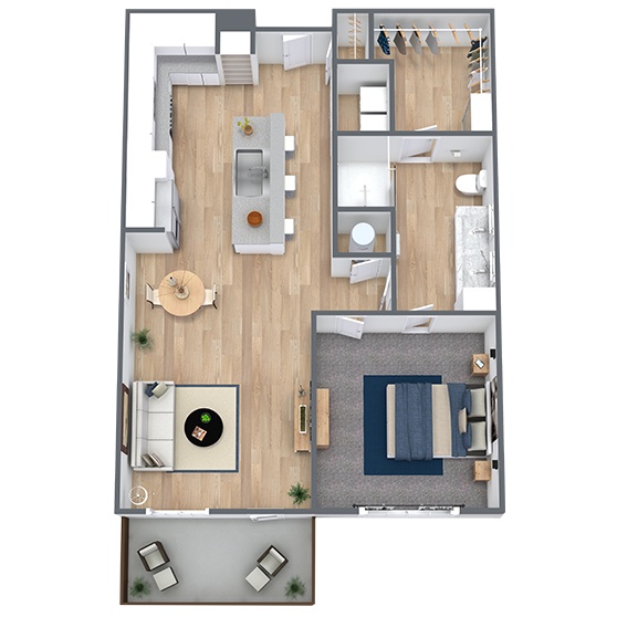 A 3D image of the A4 floorplan, a 809 squarefoot, 1 bed / 1 bath unit