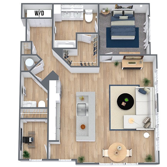 A 3D image of the A5 floorplan, a 1110 squarefoot, 1 bed / 1 bath unit