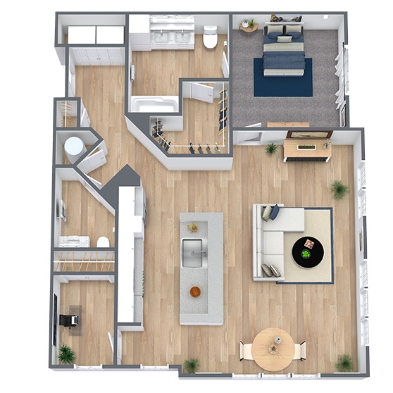 A 3D image of the A5 floorplan, a 1110 squarefoot, 1 bed / 1 bath unit