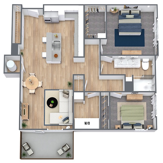 A 3D image of the B floorplan, a 1127 squarefoot, 2 bed / 2 bath unit