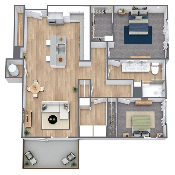 A 3D image of the B floorplan, a 1127 squarefoot, 2 bed / 2 bath unit