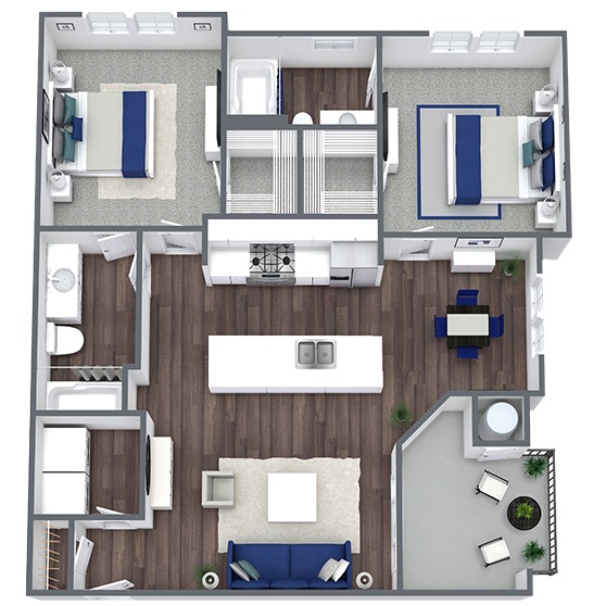 A 3D image of the B1 floorplan, a 1102 squarefoot, 2 bed / 2 bath unit