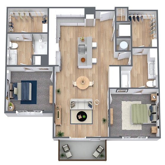 A 3D image of the B1 floorplan, a 1102 squarefoot, 2 bed / 2 bath unit
