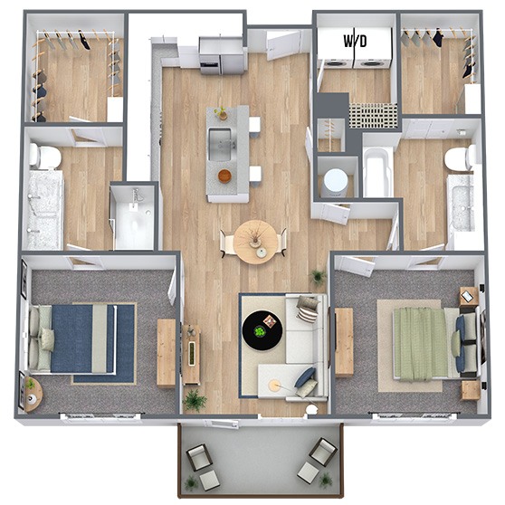 A 3D image of the B2 floorplan, a 1046 squarefoot, 2 bed / 2 bath unit