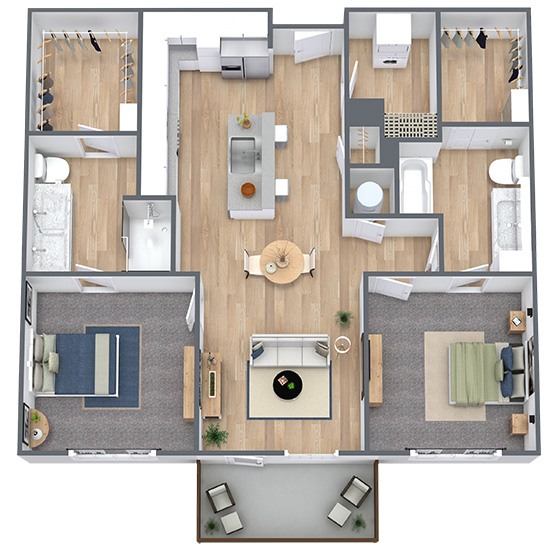 A 3D image of the B2 floorplan, a 1046 squarefoot, 2 bed / 2 bath unit