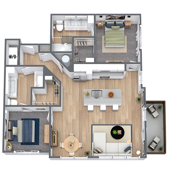 A 3D image of the B3 floorplan, a 1268 squarefoot, 2 bed / 2 bath unit