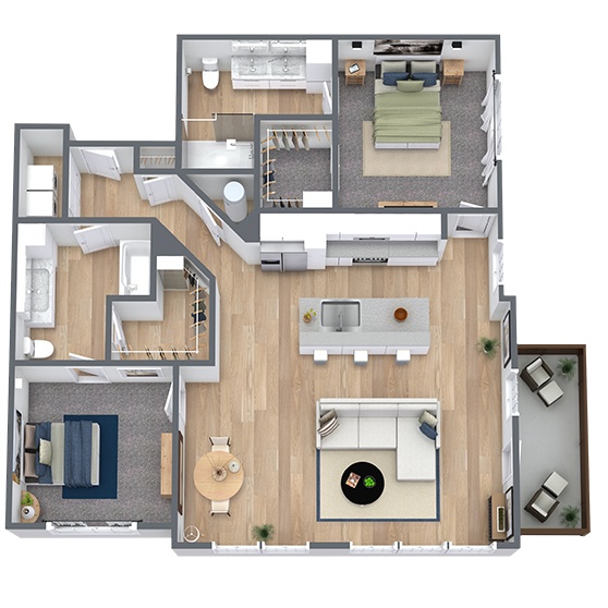 A 3D image of the B3 floorplan, a 1249 squarefoot, 2 bed / 2 bath unit