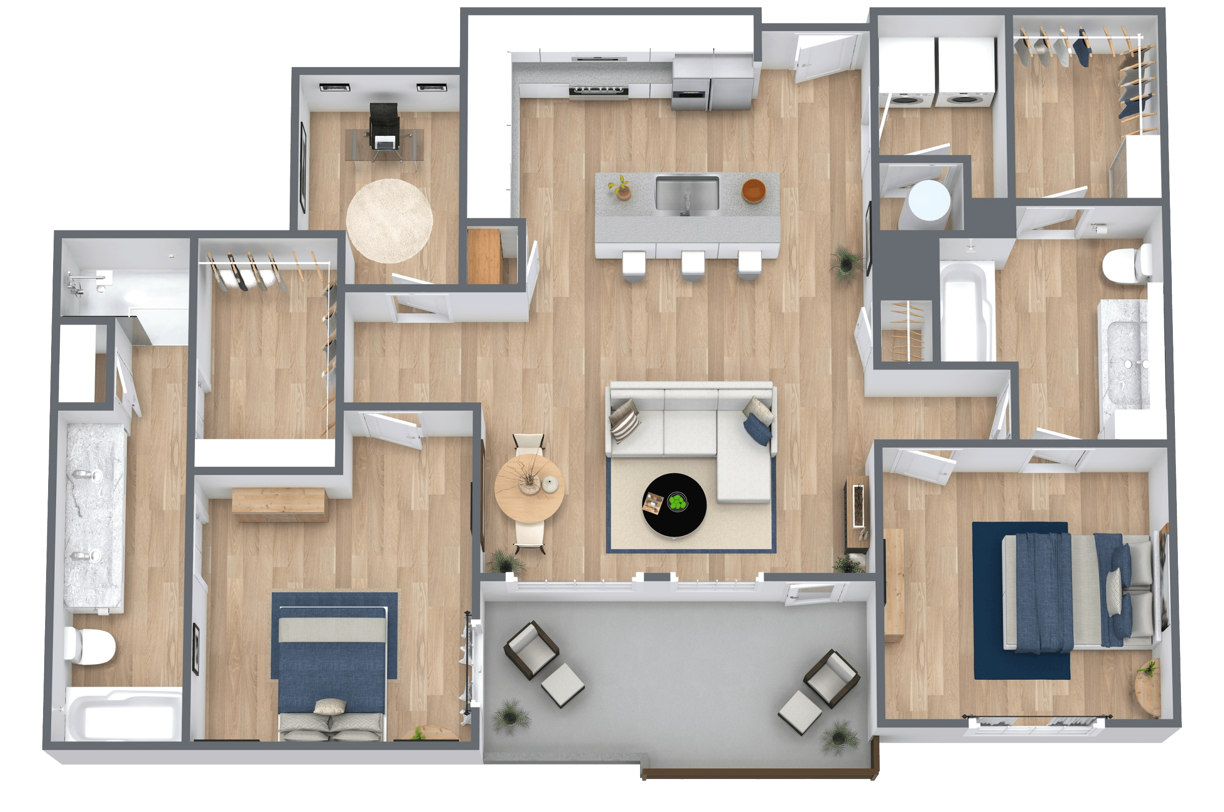 A 3D image of the B4 floorplan, a 1345 squarefoot, 2 bed / 2 bath unit
