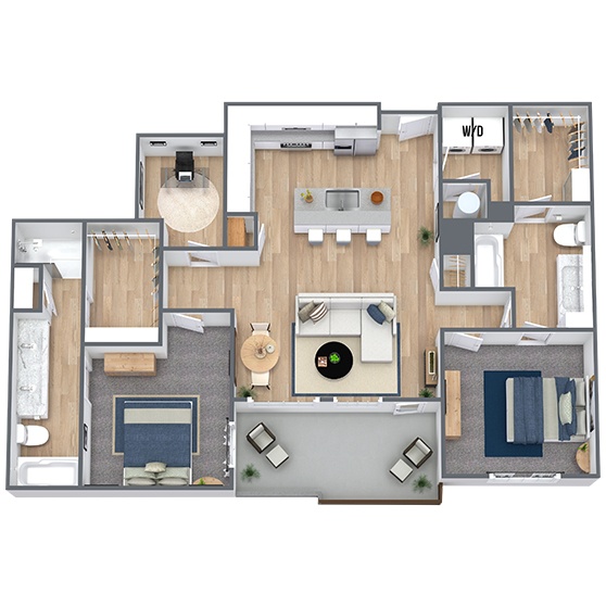 A 3D image of the B4 floorplan, a 1345 squarefoot, 2 bed / 2 bath unit