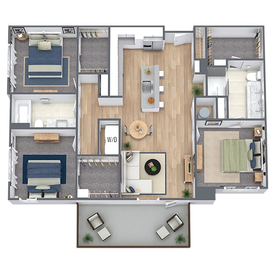 A 3D image of the C1 floorplan, a 1450 squarefoot, 3 bed / 3 bath unit