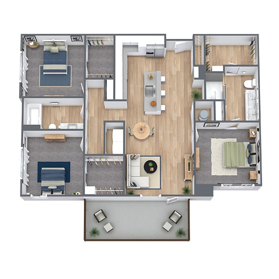 A 3D image of the C1 floorplan, a 1450 squarefoot, 3 bed / 2 bath unit