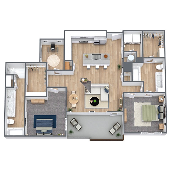 A 3D image of the B9: 2 Bed 2 Bath floorplan, a 1345 squarefoot, 2 bed / 2 bath unit